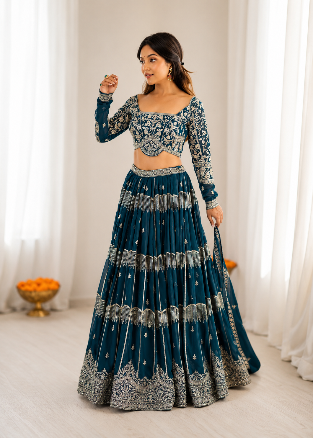Royal Teal Designer Lehenga Set with Dupatta featuring Intricate Threadwork & Mirror Embellishments