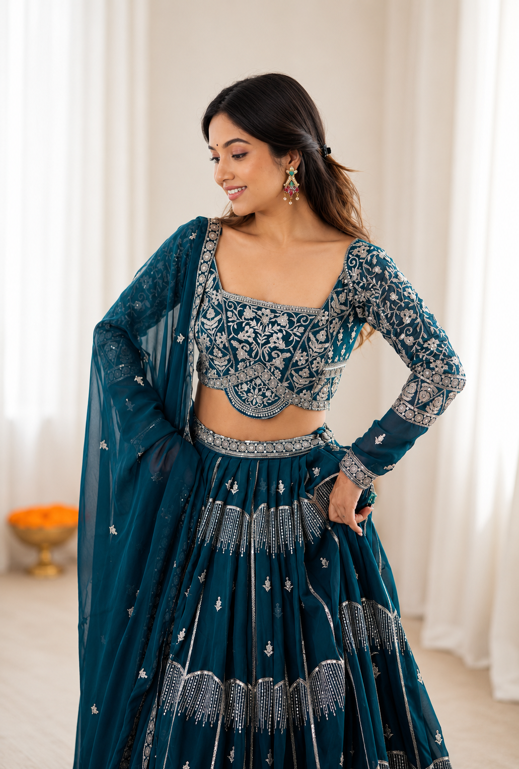 Royal Teal Designer Lehenga Set with Dupatta featuring Intricate Threadwork & Mirror Embellishments