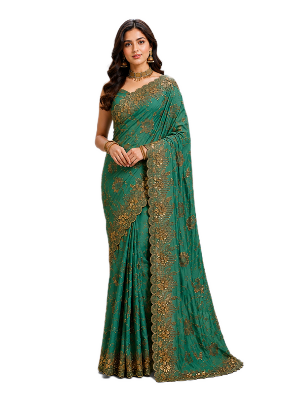 Regalia Green Satin Silk Saree