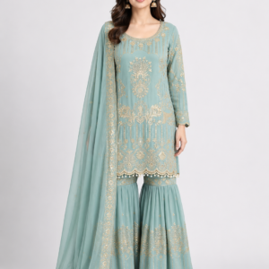 Timeless Sky Blue Occasion Wear Ensemble with Graceful Detailing