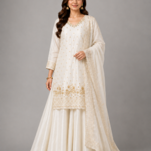 Royal Ivory Embroidered Palazzo Suit Set Featuring Bead & Sequin Detailing
