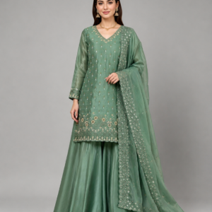 Regal Green Festive Set Featuring Intricate Embellishments