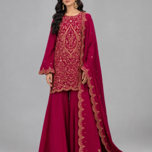Royal Rani Pink Embroidered Palazzo Suit Set Featuring Zari & Sequin Detailing