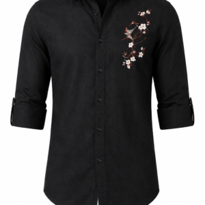 Midnight Black Linen Shirt Featuring Artistic Embroidered Accents