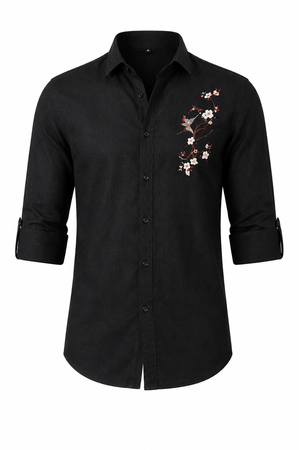 Midnight Black Linen Shirt Featuring Artistic Embroidered Accents