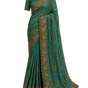 Regalia Royale Teal Green Satin Silk Designer Saree With Unstitched Crepe Silk Blouse Piece