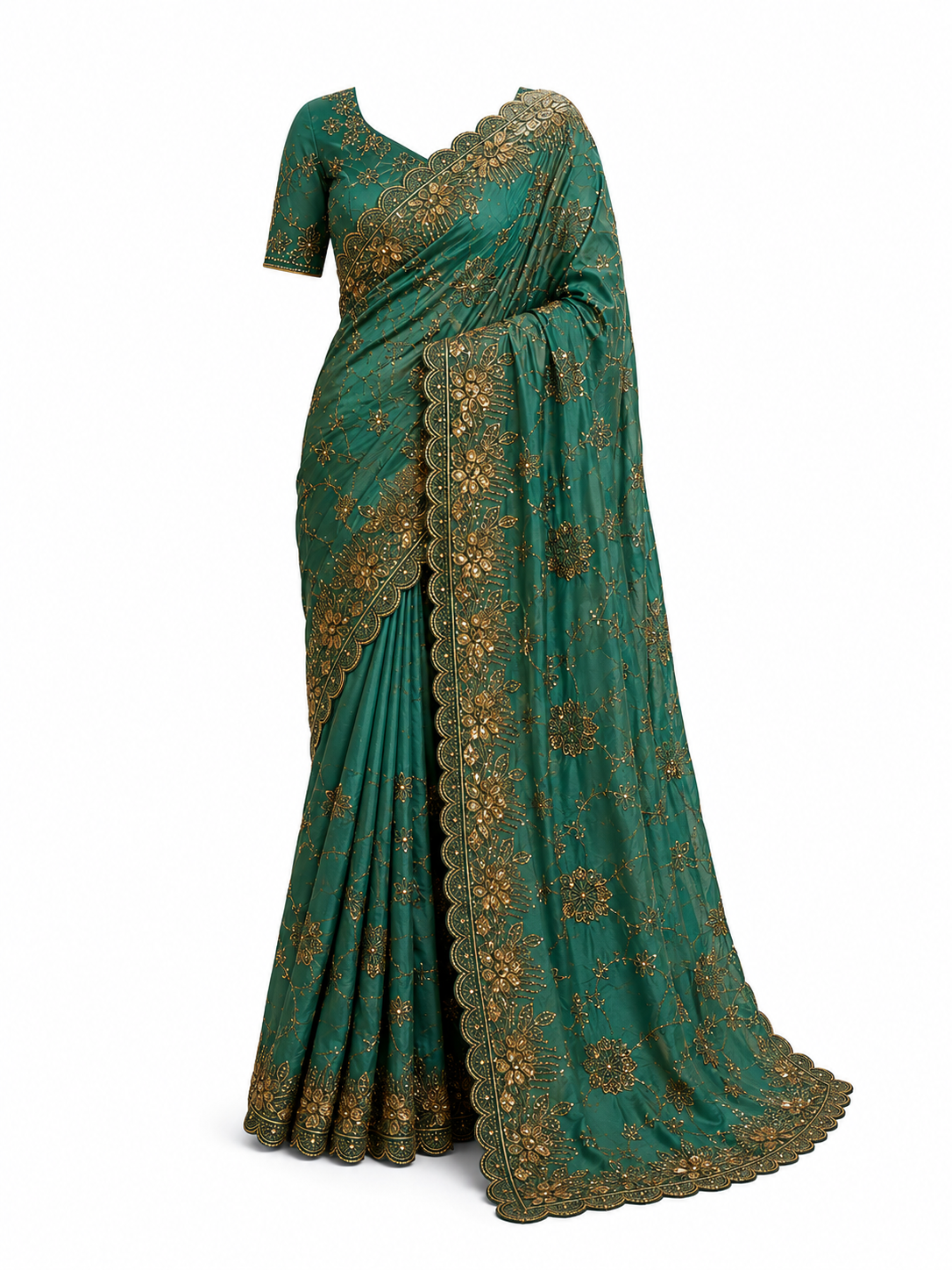 Regalia Royale Teal Green Satin Silk Designer Saree With Unstitched Crepe Silk Blouse Piece