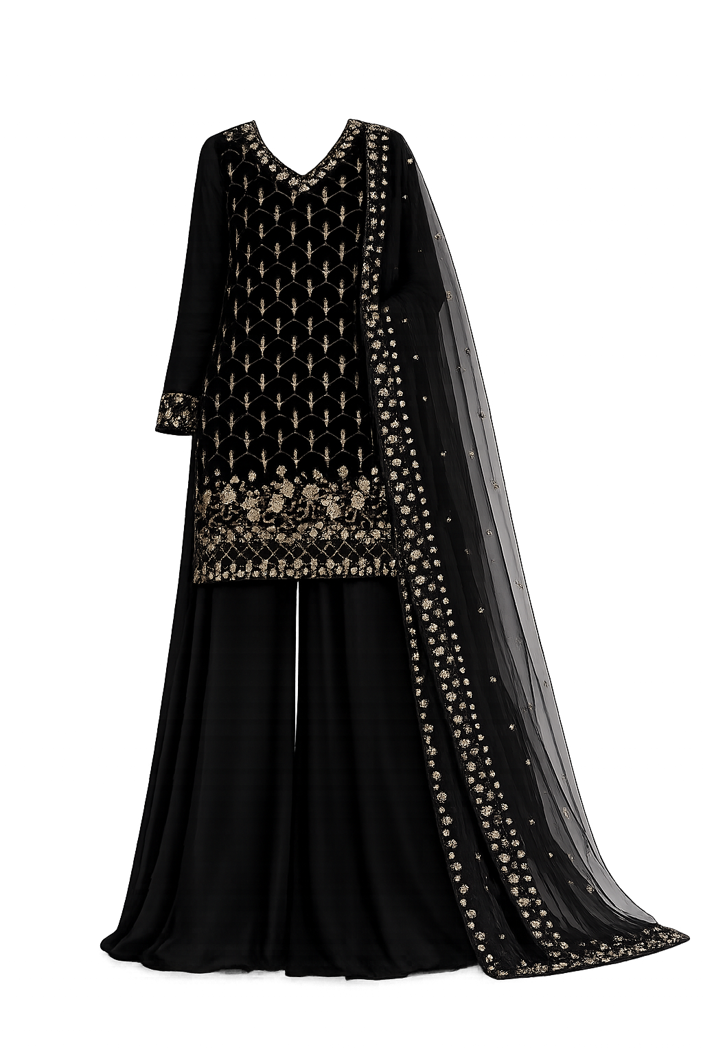 Regal Black Occasion Wear Ensemble Featuring Fine Embellishments