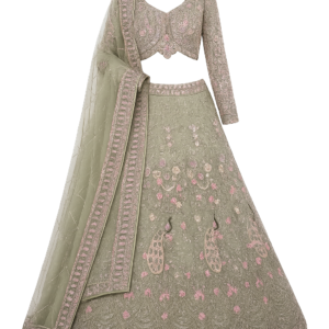 Pista Embroidered Lehenga Set with Dupatta Featuring Floral Threadwork