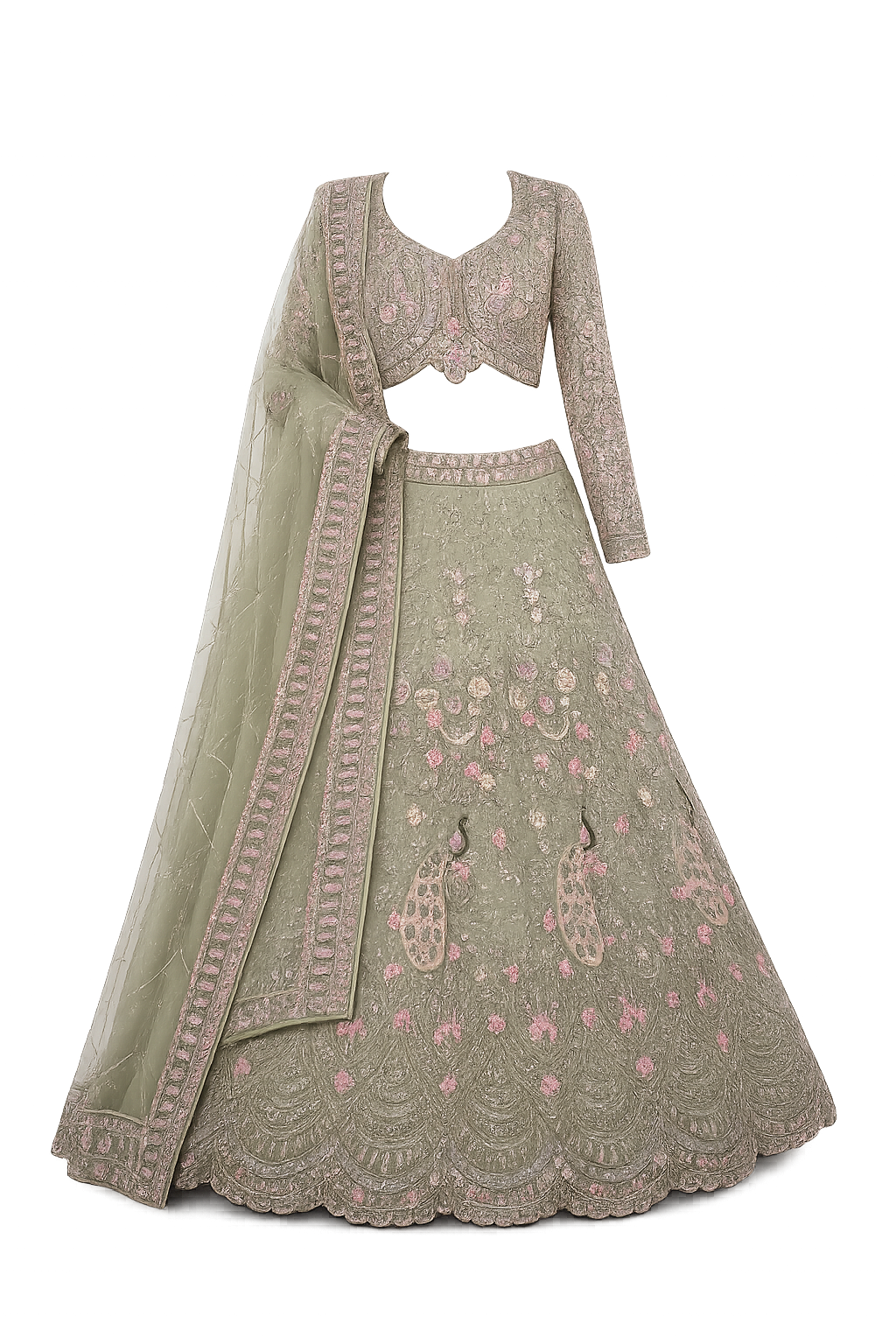 Pista Embroidered Lehenga Set with Dupatta Featuring Floral Threadwork