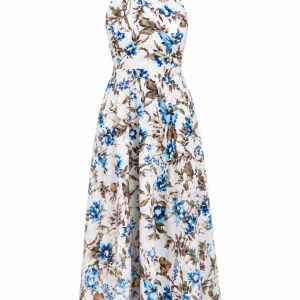Elegant Ivory Floral Maxi Dress Featuring Blue Botanical Prints