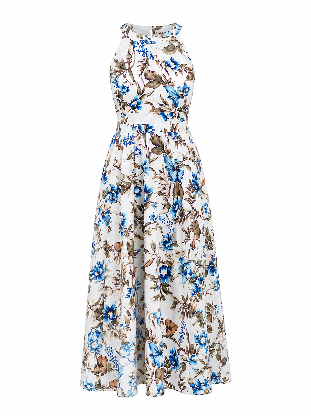 Elegant Ivory Floral Maxi Dress Featuring Blue Botanical Prints