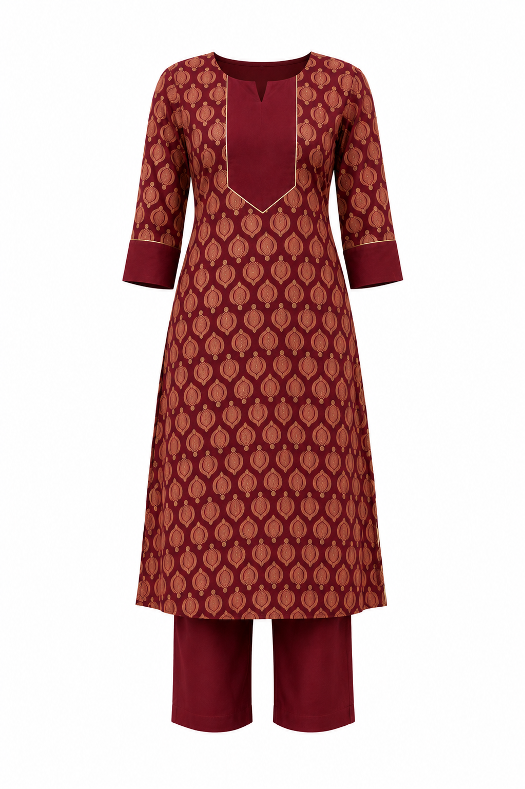 Classic Maroon Printed Cotton Kurta Set with Coordinated Pants