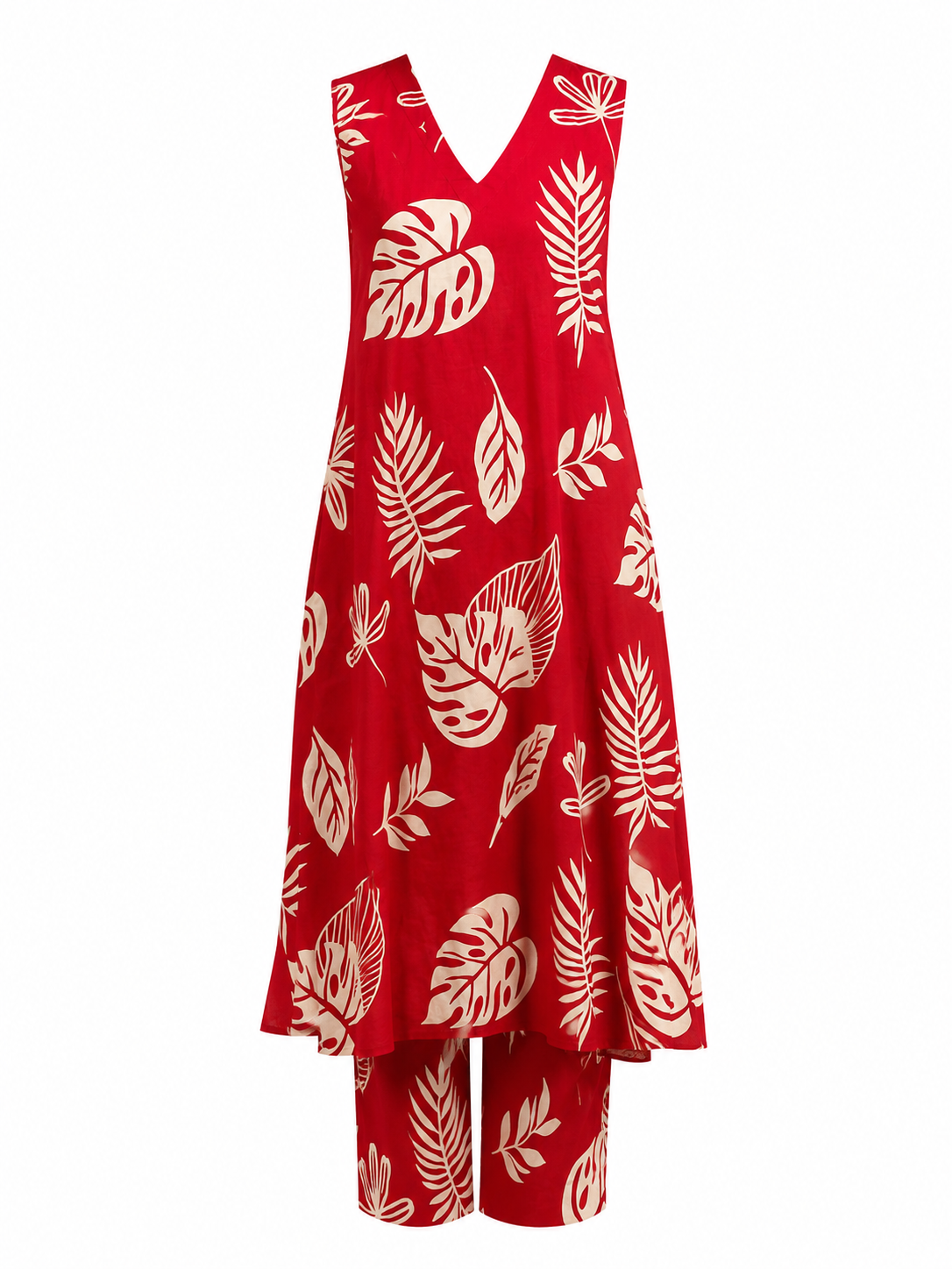 Crimson Red Printed Co-Ord Set Featuring Elegant V-Neck Design