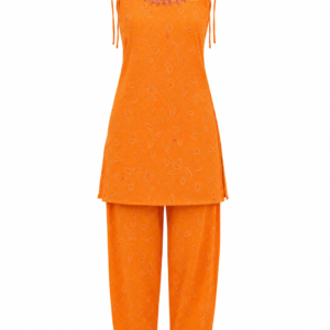 Sunset Orange Embroidered Kurti Set Featuring Mirror Work Accents
