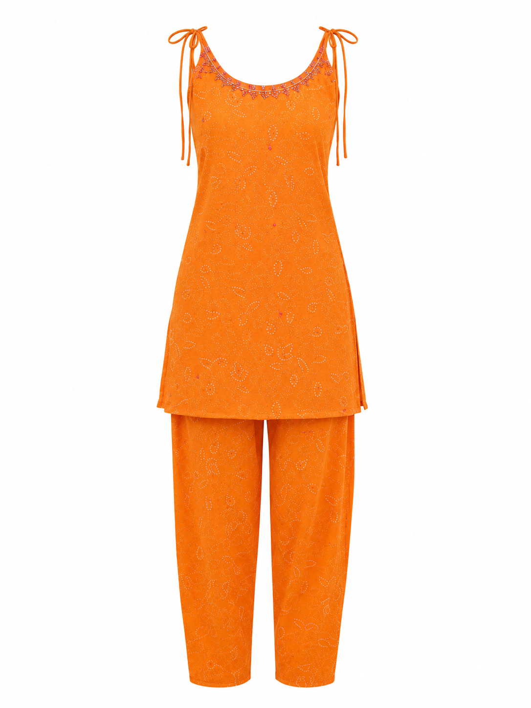 Sunset Orange Embroidered Kurti Set Featuring Mirror Work Accents