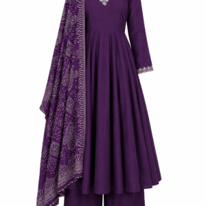 Classic Purple Anarkali Ensemble Featuring Contemporary Print Accents