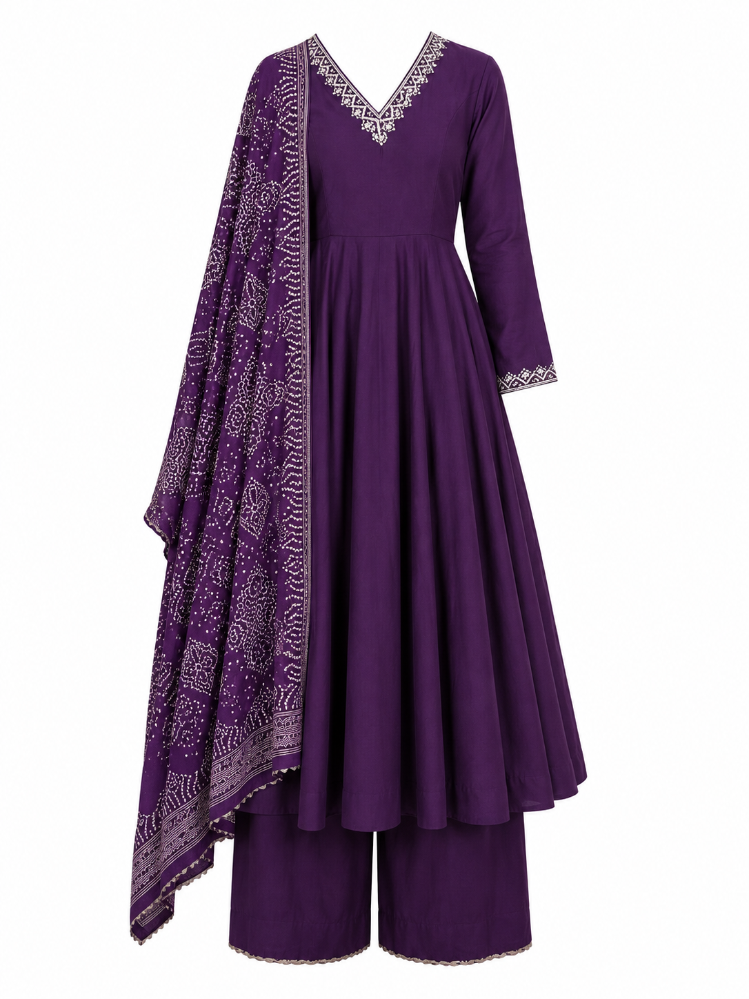 Classic Purple Anarkali Ensemble Featuring Contemporary Print Accents