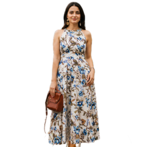 Elegant Ivory Floral Maxi Dress Featuring Blue Botanical Prints