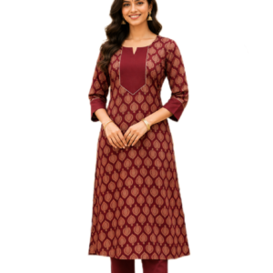 Classic Maroon Printed Cotton Kurta Set with Coordinated Pants