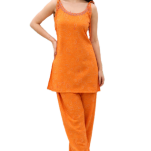 Sunset Orange Embroidered Kurti Set Featuring Mirror Work Accents