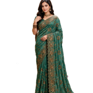 Regalia Royale Teal Green Satin Silk Designer Saree With Unstitched Crepe Silk Blouse Piece