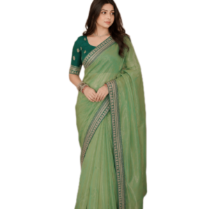 Sage Green Embroidered Designer Saree with Border Work