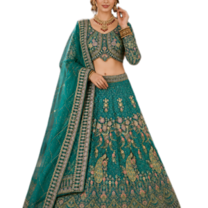 Sky Blue Embroidered Lehenga Set with Dupatta Featuring Floral Threadwork, Sequins & Peacock Motifs