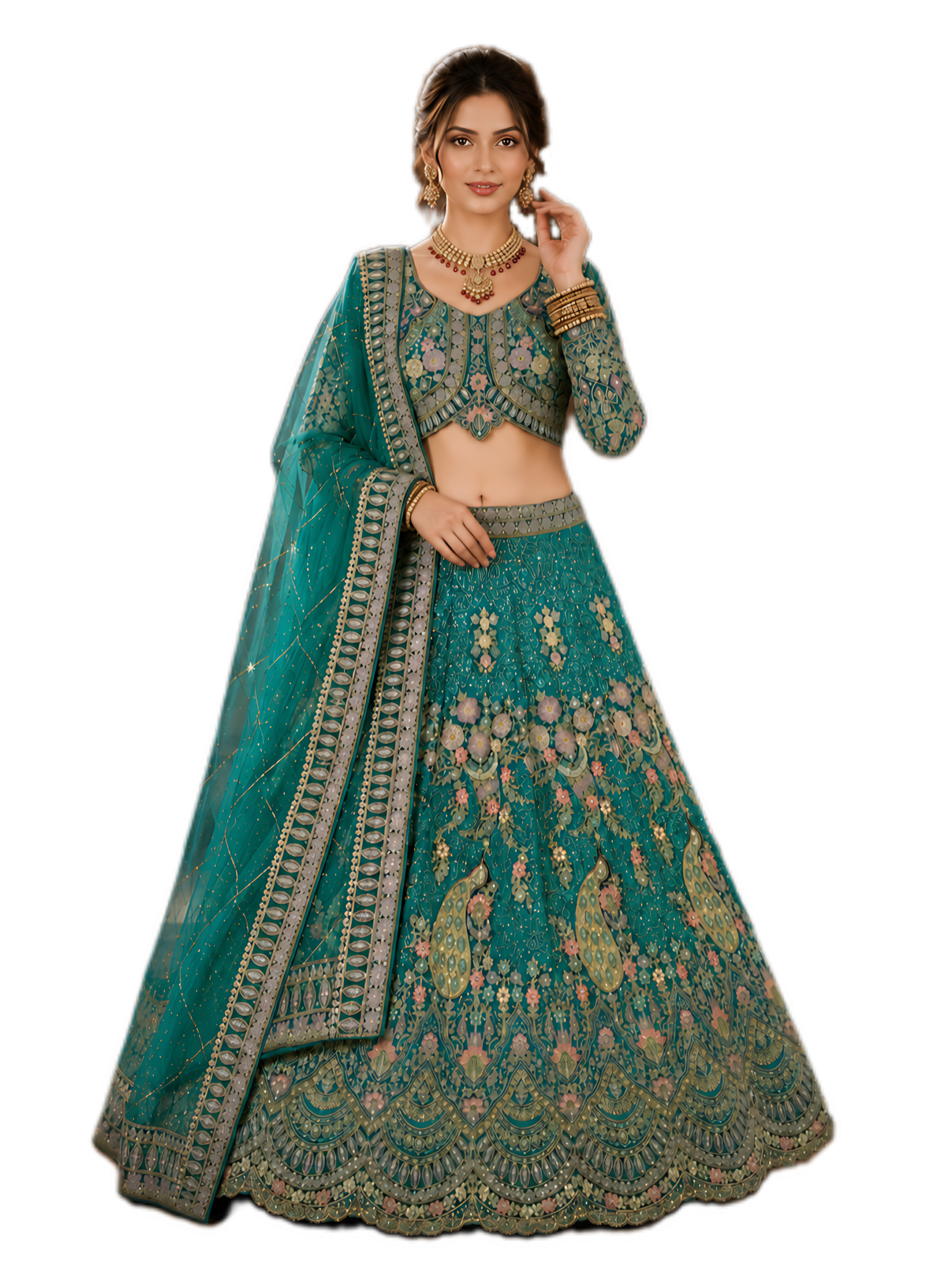 Sky Blue Embroidered Lehenga Set with Dupatta Featuring Floral Threadwork, Sequins & Peacock Motifs