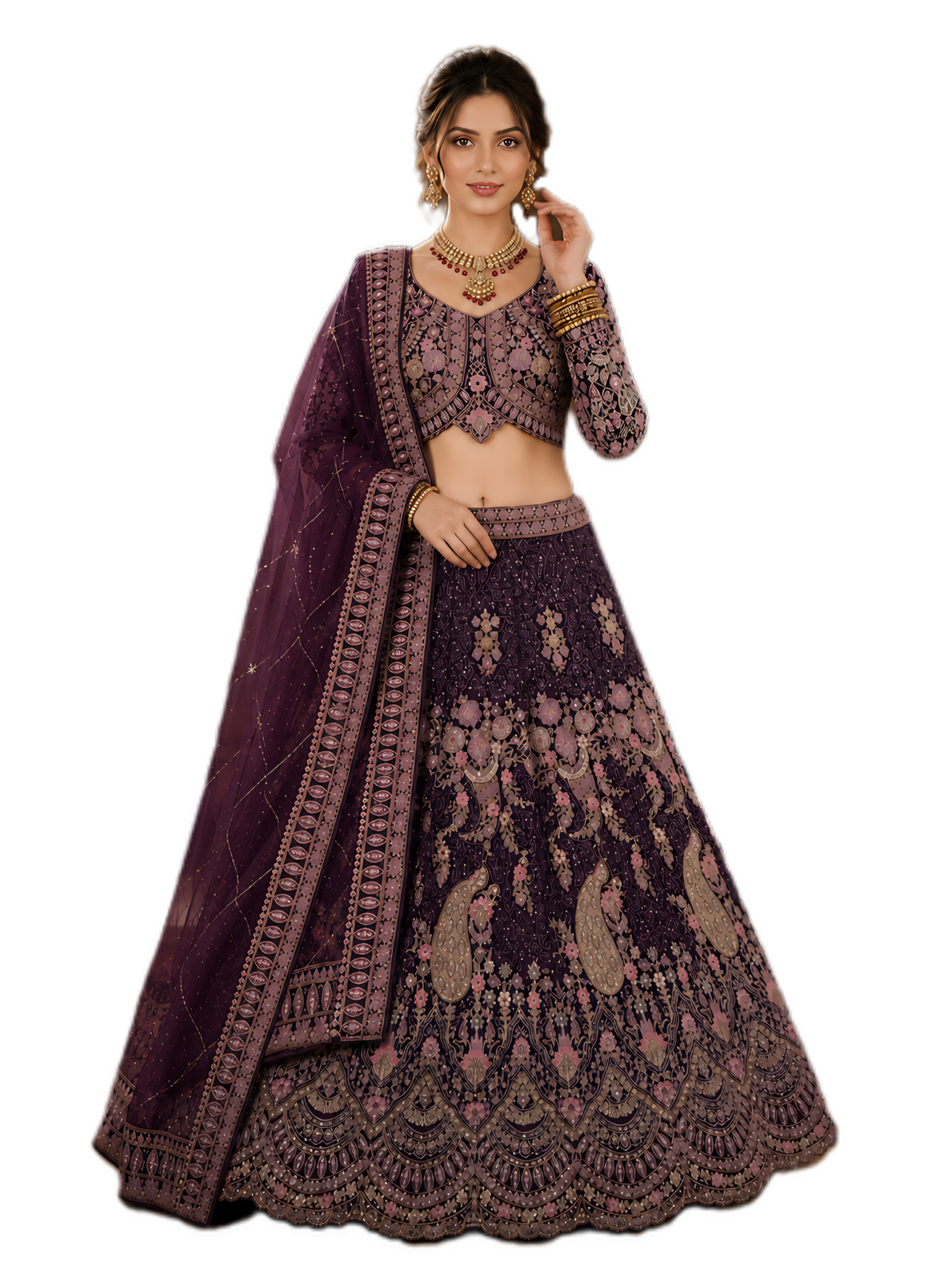 Imperial Wine Designer Lehenga Set with Dupatta Featuring Exquisite Floral Embroidery & Peacock Artwork