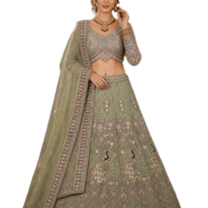 Pista Embroidered Lehenga Set with Dupatta Featuring Floral Threadwork