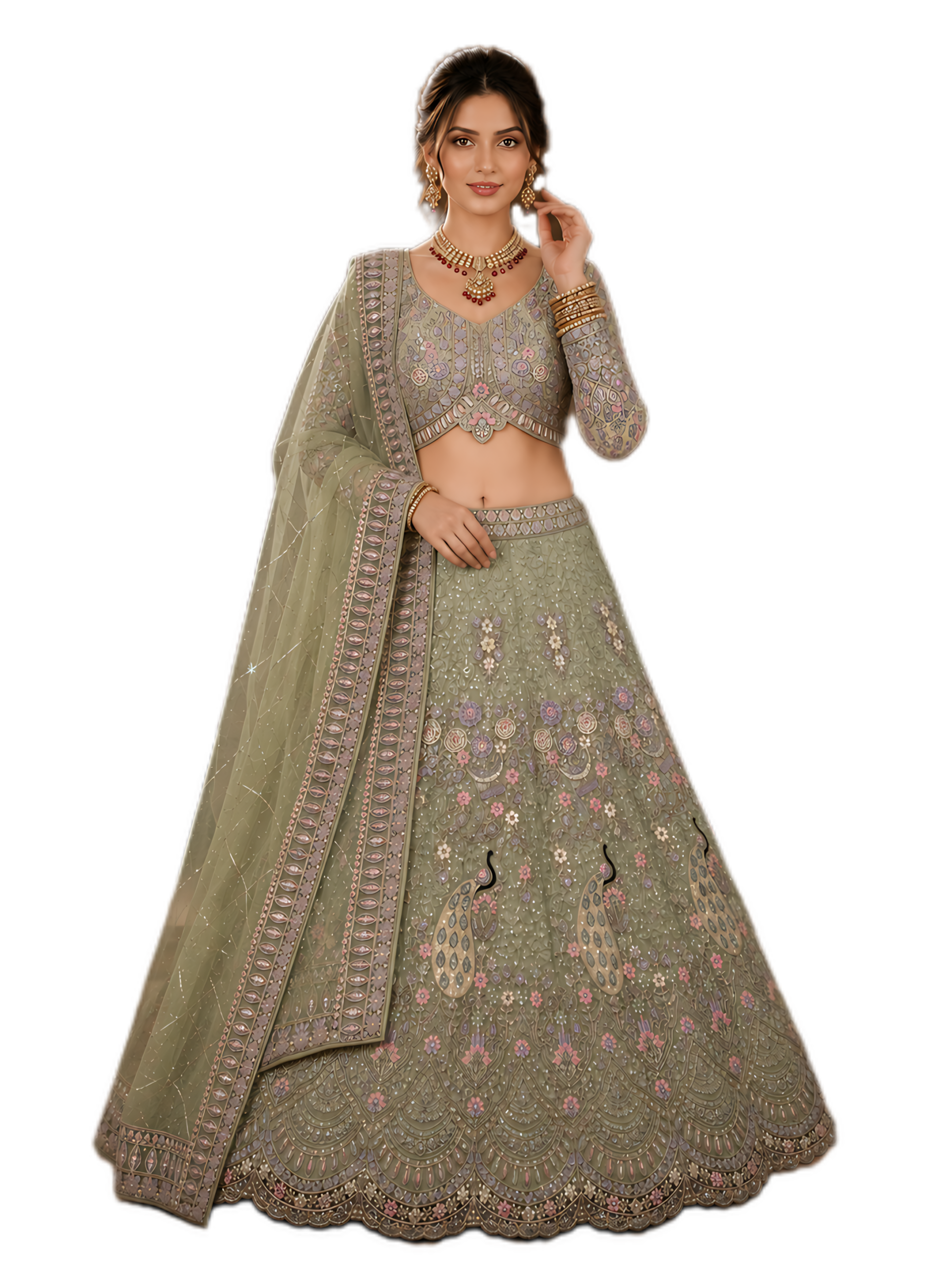 Pista Embroidered Lehenga Set with Dupatta Featuring Floral Threadwork