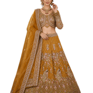 Mustard Yellow Embroidered Lehenga Set with Dupatta Featuring Peacock & Floral Detailing