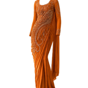 Orange Heavy Embroidered Designer Drape Saree
