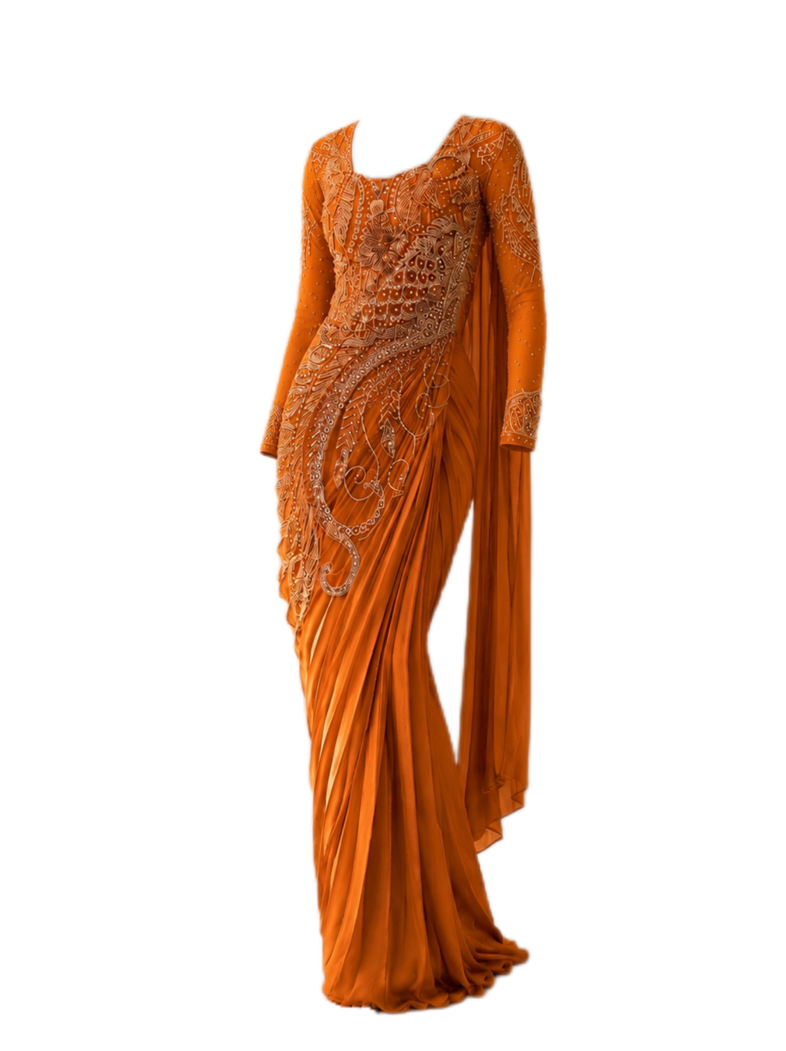 Orange Heavy Embroidered Designer Drape Saree